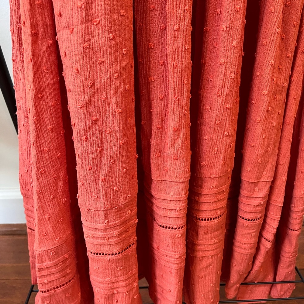 Kivari Boho Maxi Dress Rusty Orange Red Balloon Sleeve Tiered Pockets Size 6 - Picture 13 of 14
